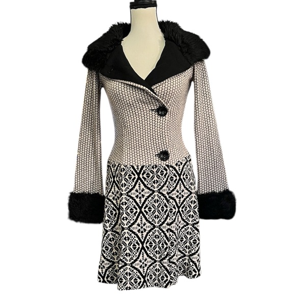 Vintage Betsey Johnson Knit Faux Fur Fair Isle Styl Duster Cardigan Long Sweater - Picture 2 of 9